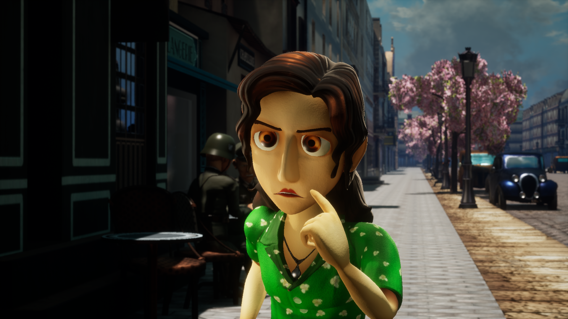 Bluma on a Paris street with soldiers approaching and cherry blossoms overhead