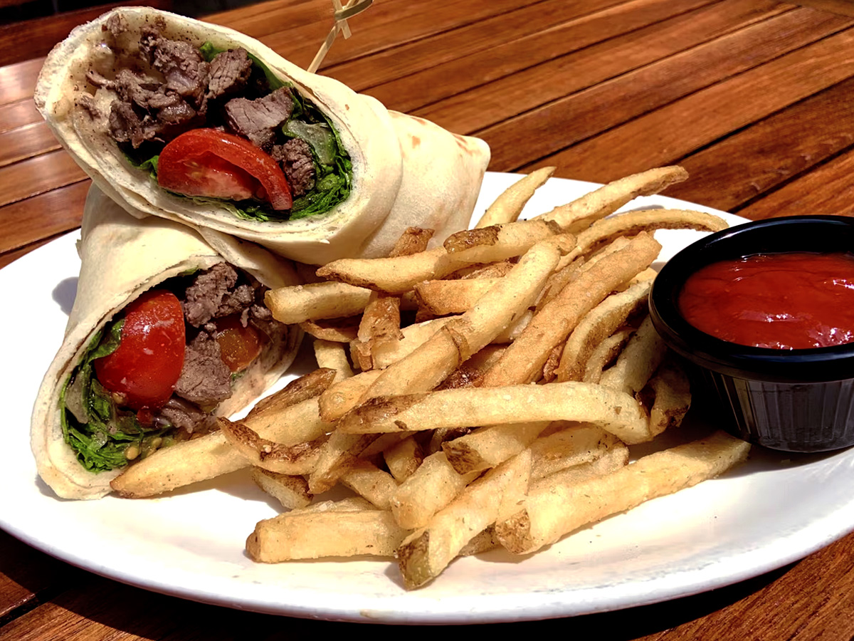 beef and lamb shawarama wrap with fries