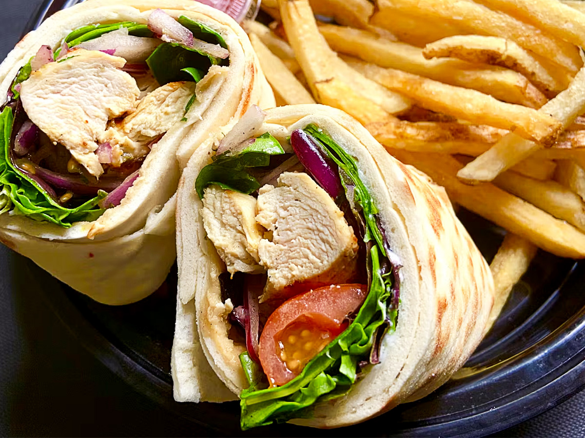 chicken kabob wrap with fries