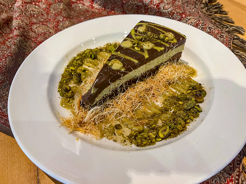 a plate of Dubai Chocolate Torte
