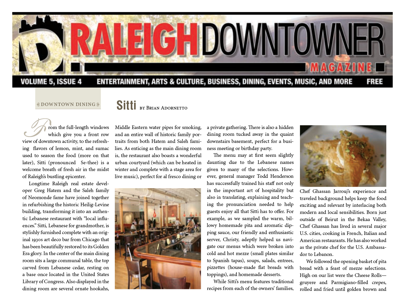 an image of an article in the Raleigh Downtowner magazine about Sitti
