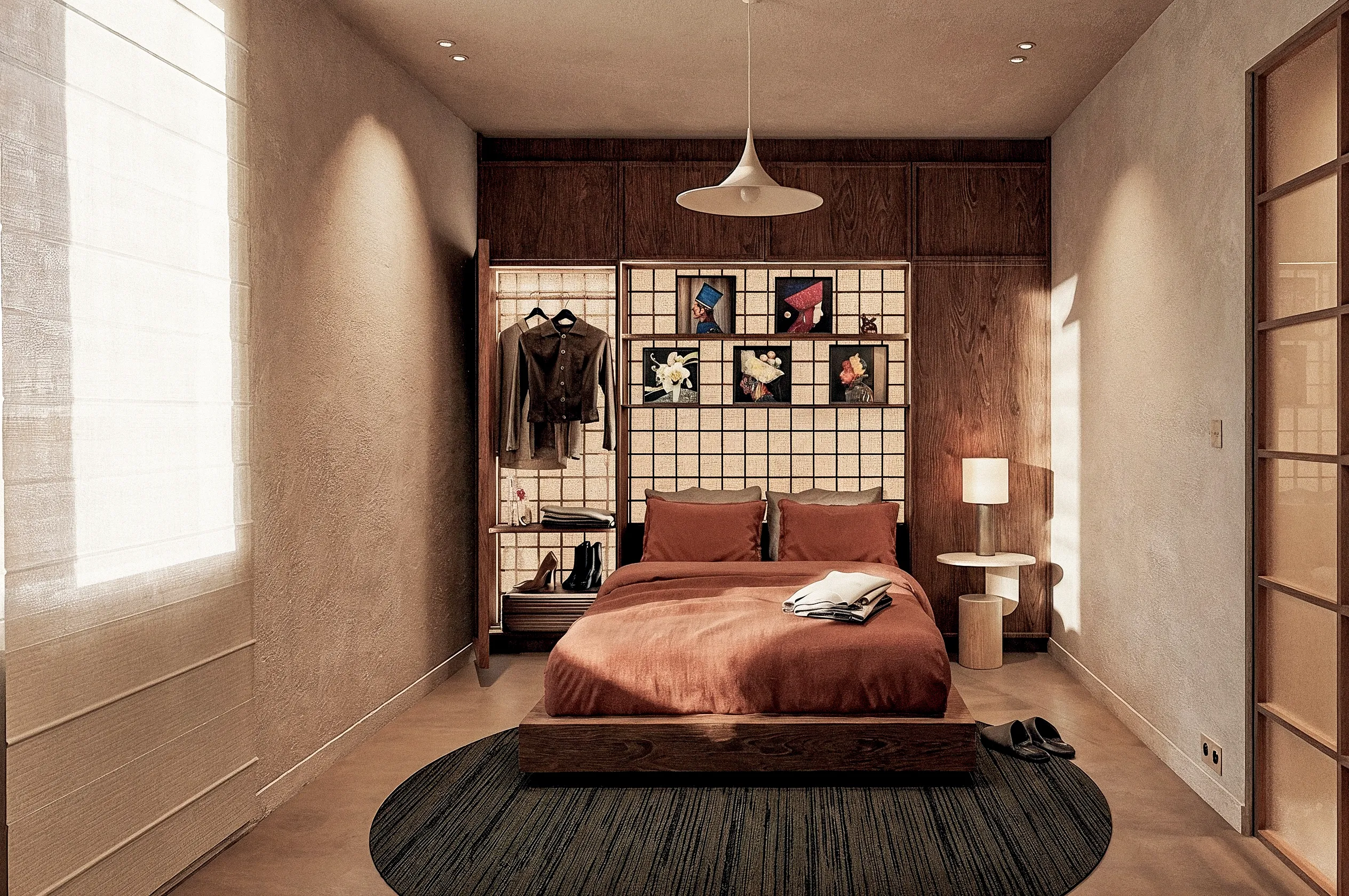 Chambre avec dressing ouvert, lit terracotta et tapis sombre — appartement 80 m², Cannes