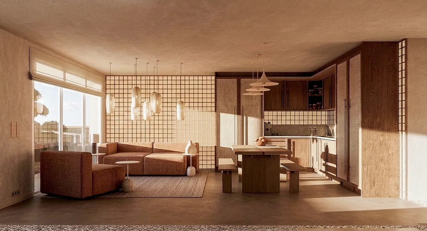 Séjour ouvert, fauteuils bas et cuisine au fond de la pièce — appartement 80 m², Cannes