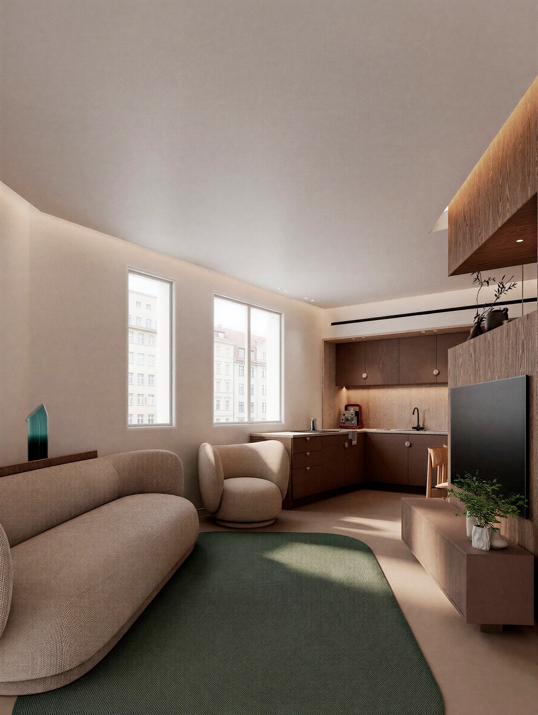 Salon avec canapé clair, tapis vert et cuisine ouverte — appartement 90 m², Lyon