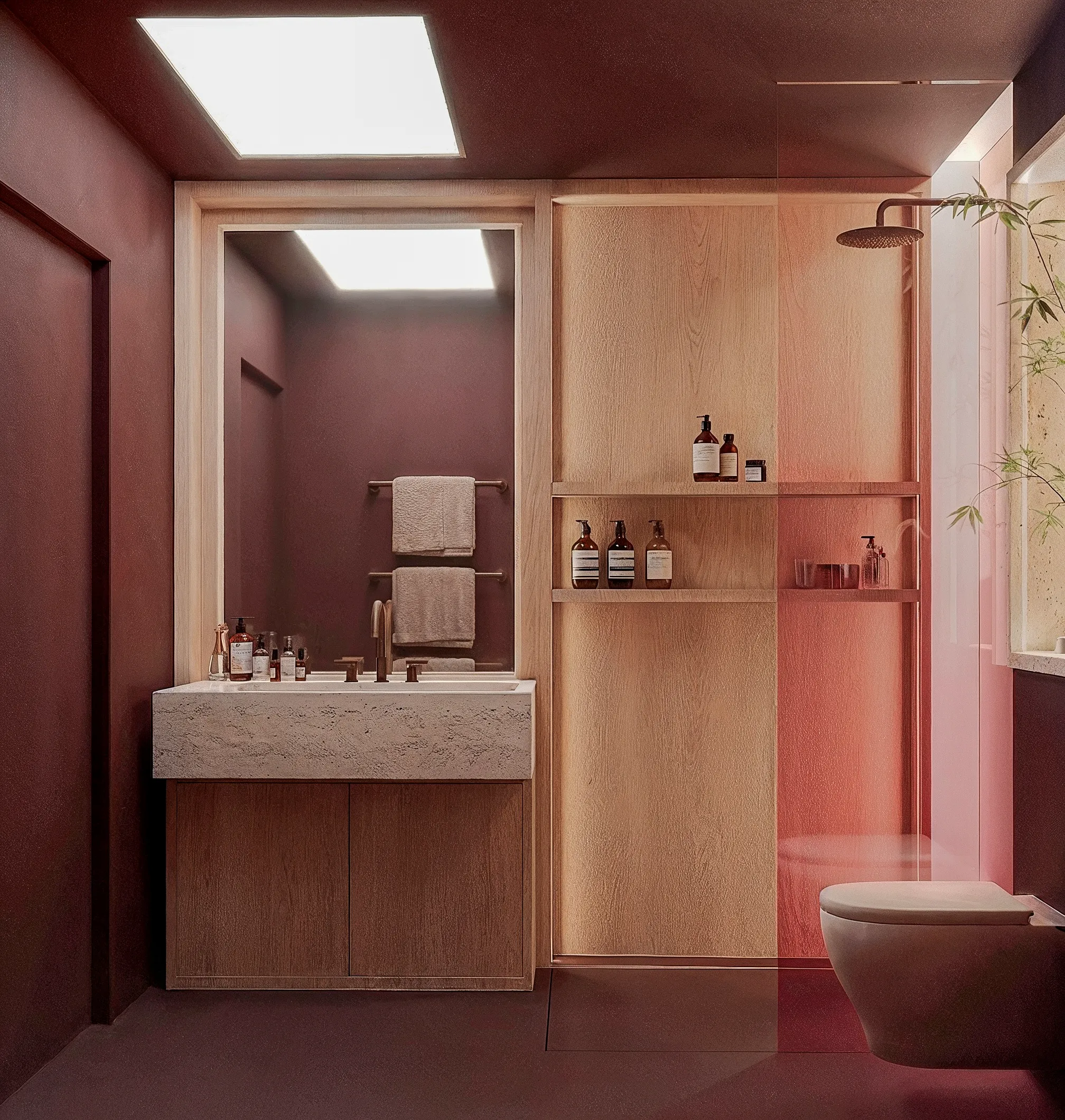 Salle d’eau compacte avec vasque, miroir et placards en bois — studio 40 m², Paris