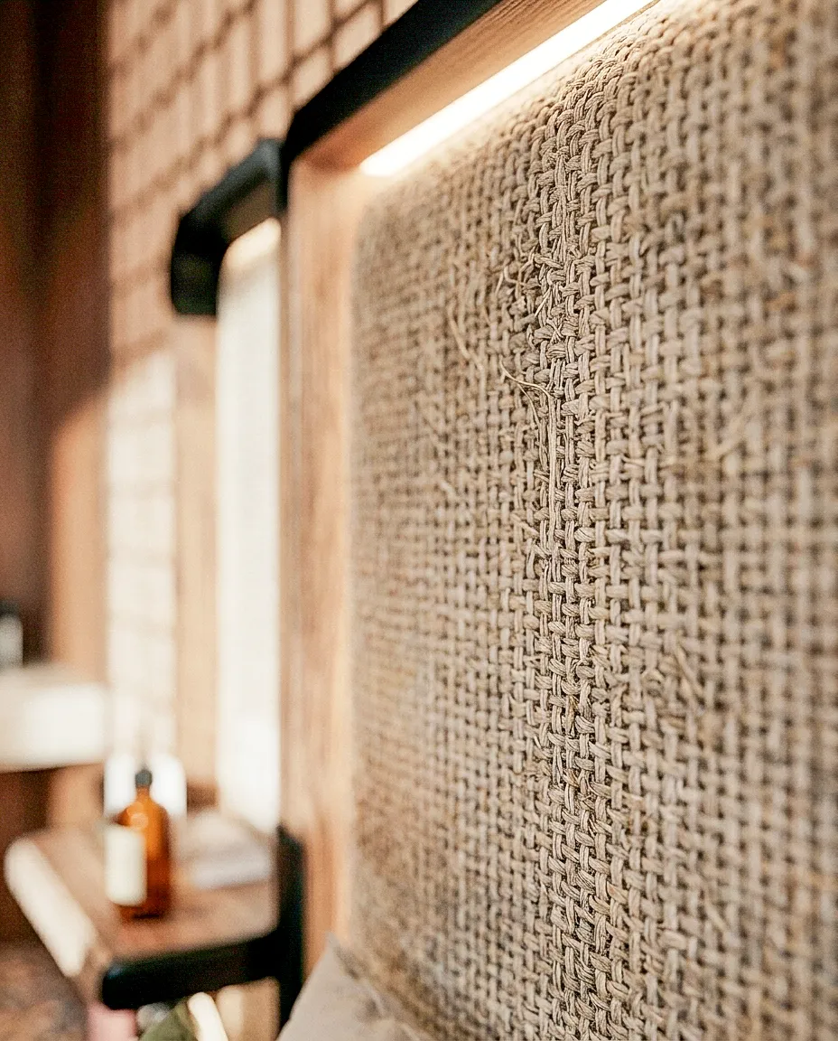 Détail du textile tissé de la tête de lit — appartement 80 m², Cannes
