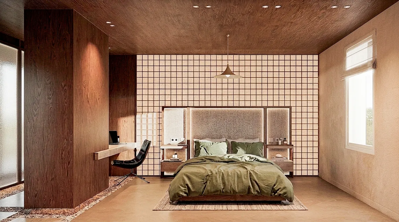 Chambre avec tête de lit quadrillée et literie verte — appartement 80 m², Cannes
