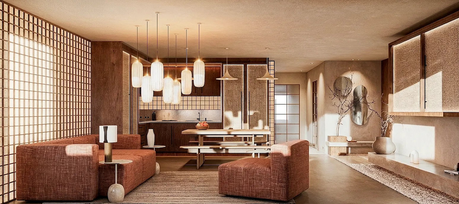 Salon et salle à manger avec suspensions et cloisons ajourées — appartement 80 m², Cannes