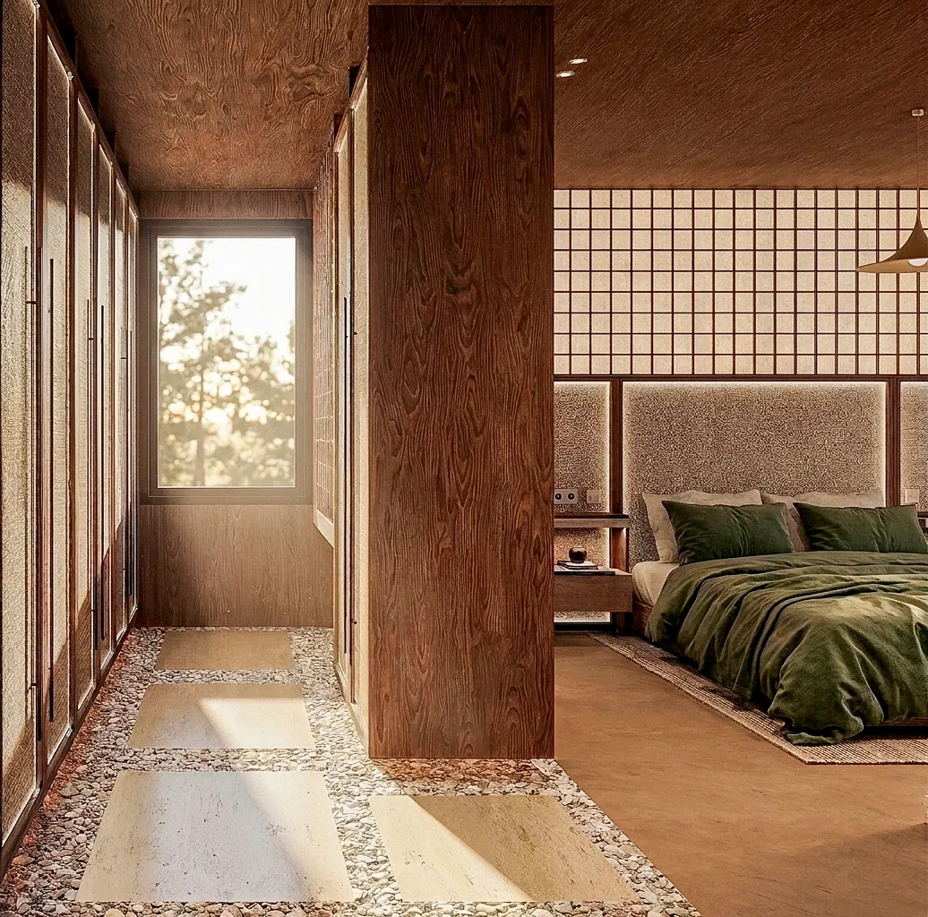 Circulation vitrée longeant la chambre et un sol de galets — appartement 80 m², Cannes