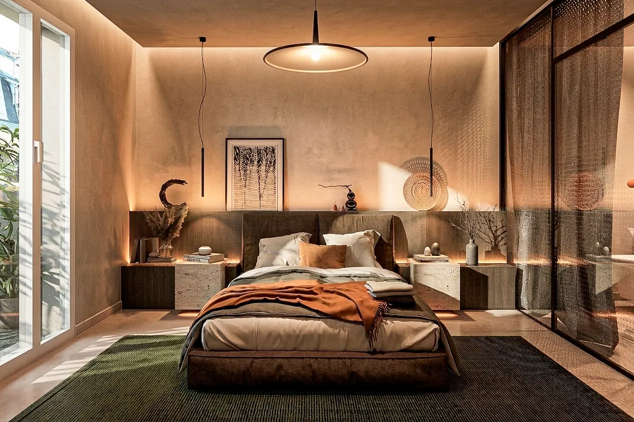 Chambre avec tête de lit sombre et suspension circulaire — appartement 90 m²