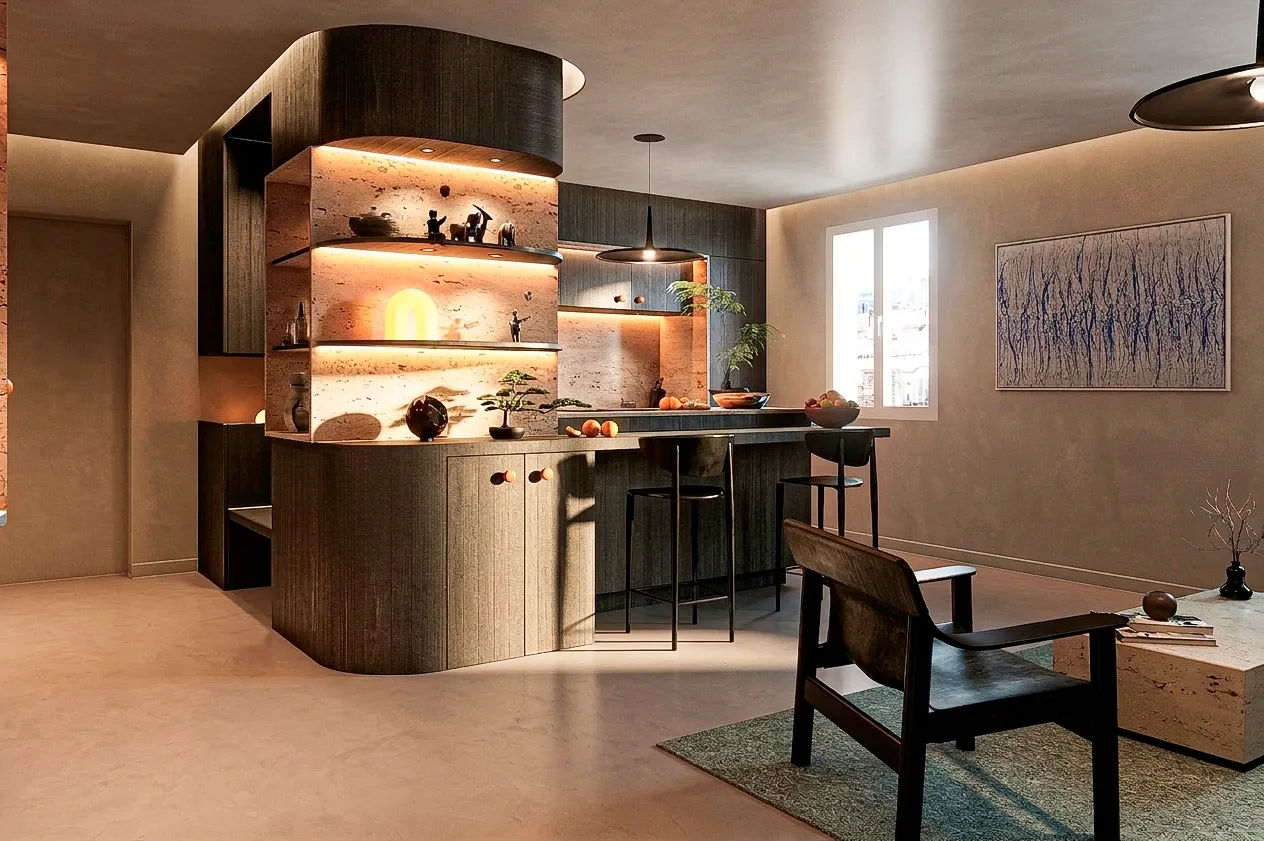 Cuisine avec îlot et étagères éclairées donnant sur le salon — appartement 90 m²