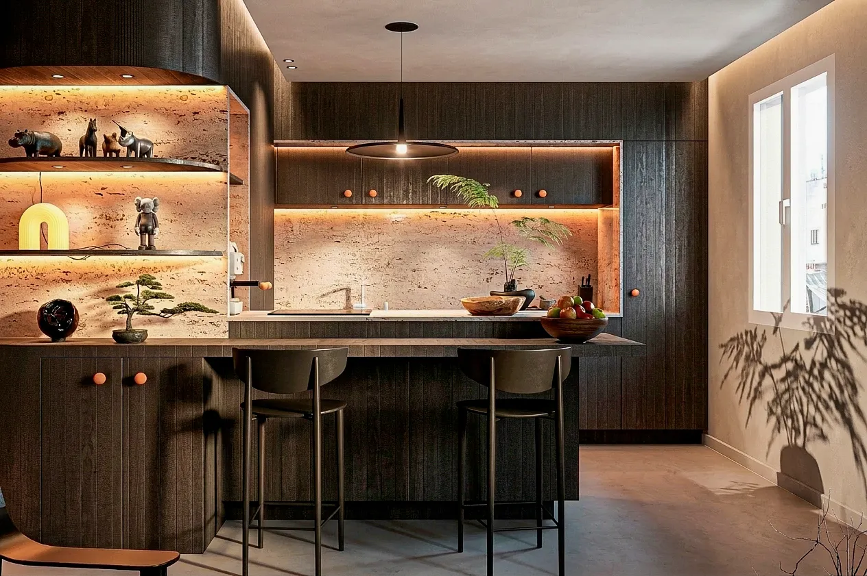Cuisine en bois sombre, îlot central et éclairage intégré — appartement 90 m²
