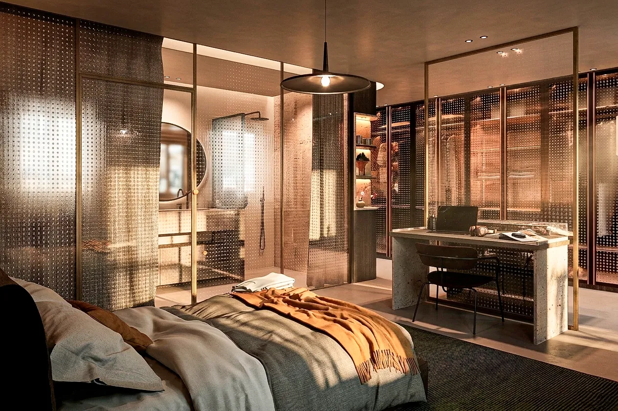 Chambre séparée par une paroi vitrée et des rideaux — appartement 90 m²