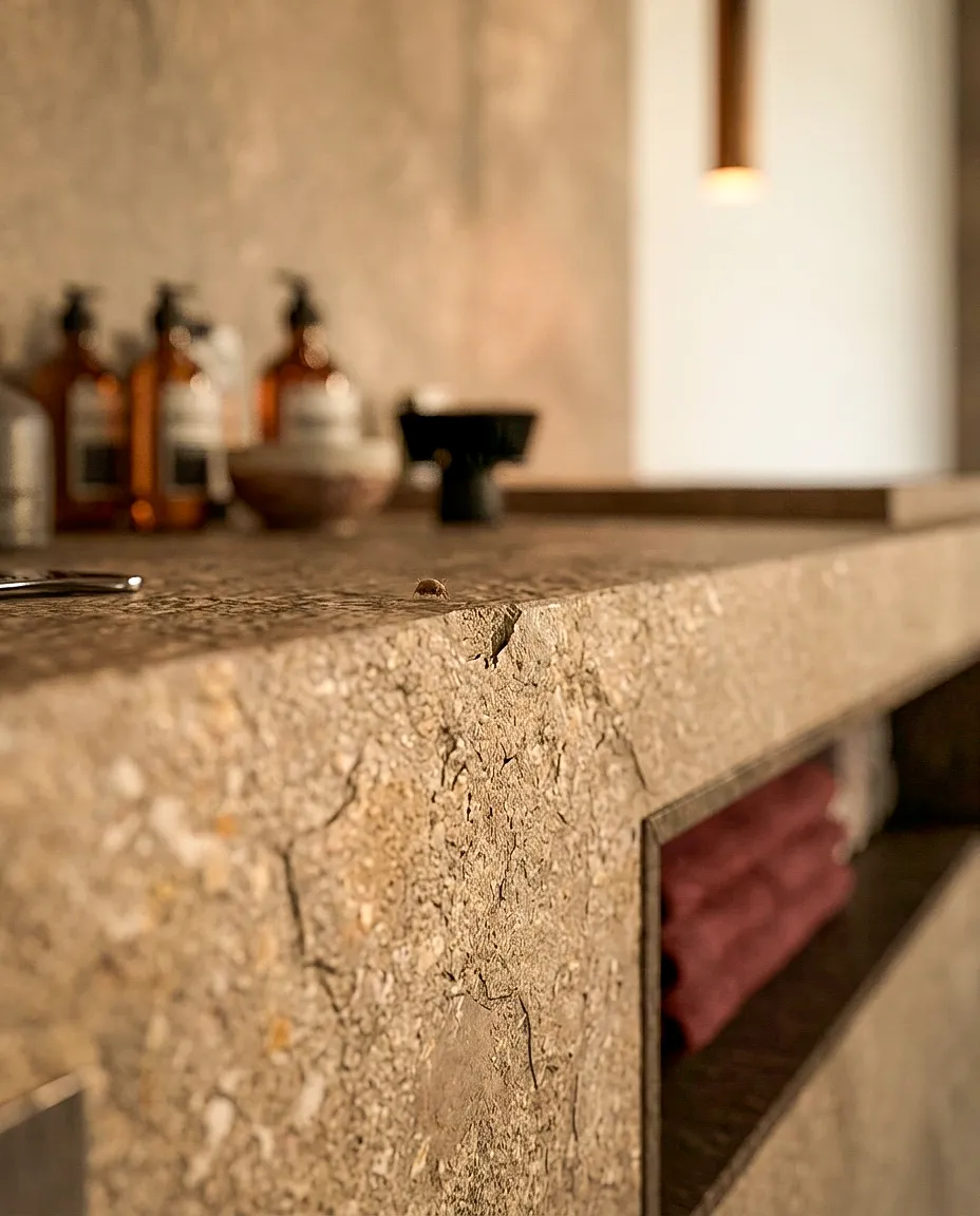 Détail de l’épaisseur et de la texture du comptoir — étude Aesop non réalisée, Nice