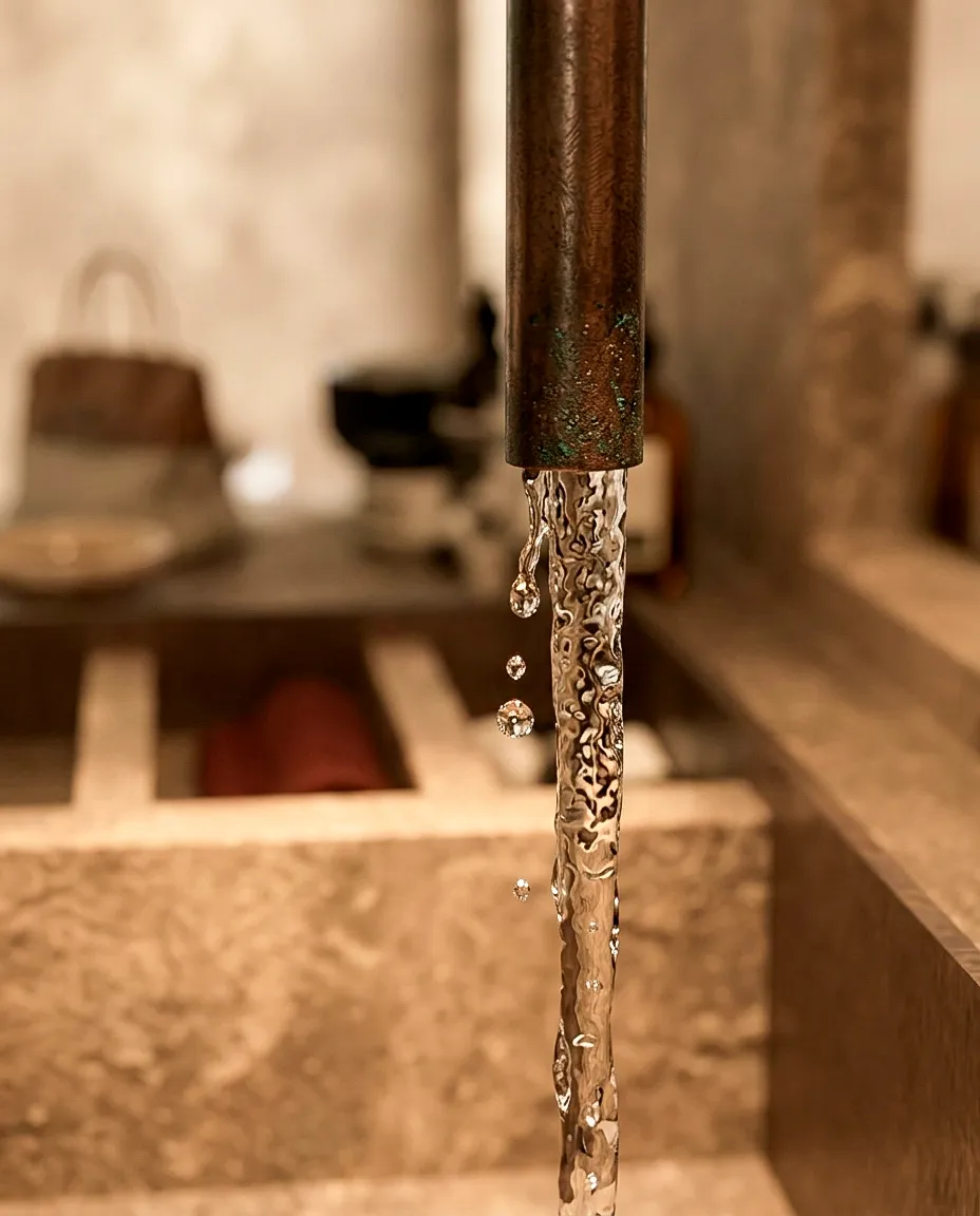 Robinet et vasque intégrés au comptoir de démonstration — étude Aesop non réalisée, Nice
