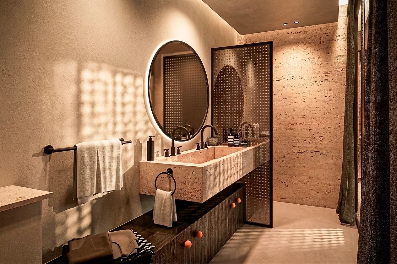 Salle de bains avec double vasque et miroirs ovales — appartement 90 m²