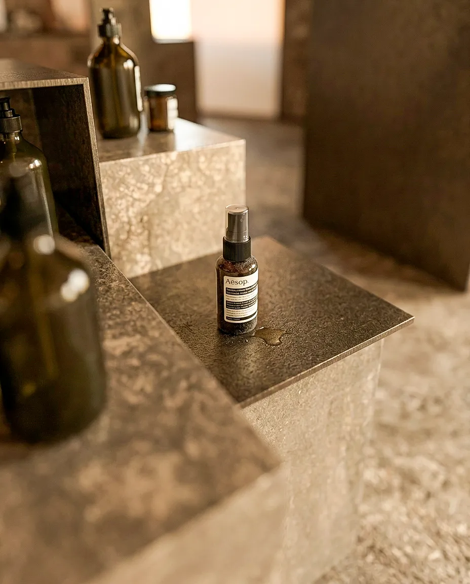Flacons disposés autour du comptoir et d’une vasque intégrée — étude Aesop non réalisée, Nice