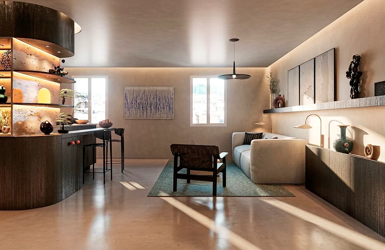 Salon et cuisine ouverts, bois sombre et étagères éclairées — appartement 90 m²