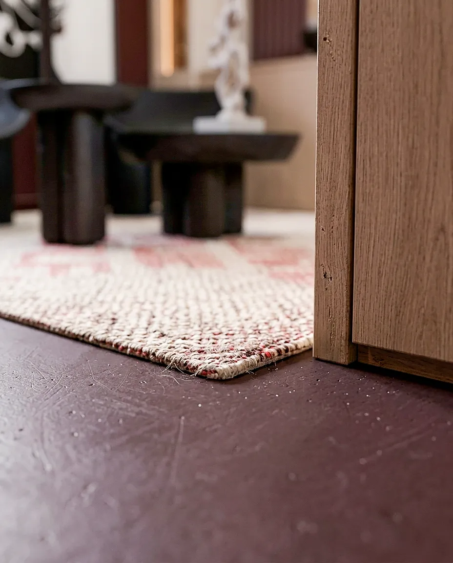 Jonction entre le sol bordeaux, le tapis et le meuble en bois — studio 40 m², Paris
