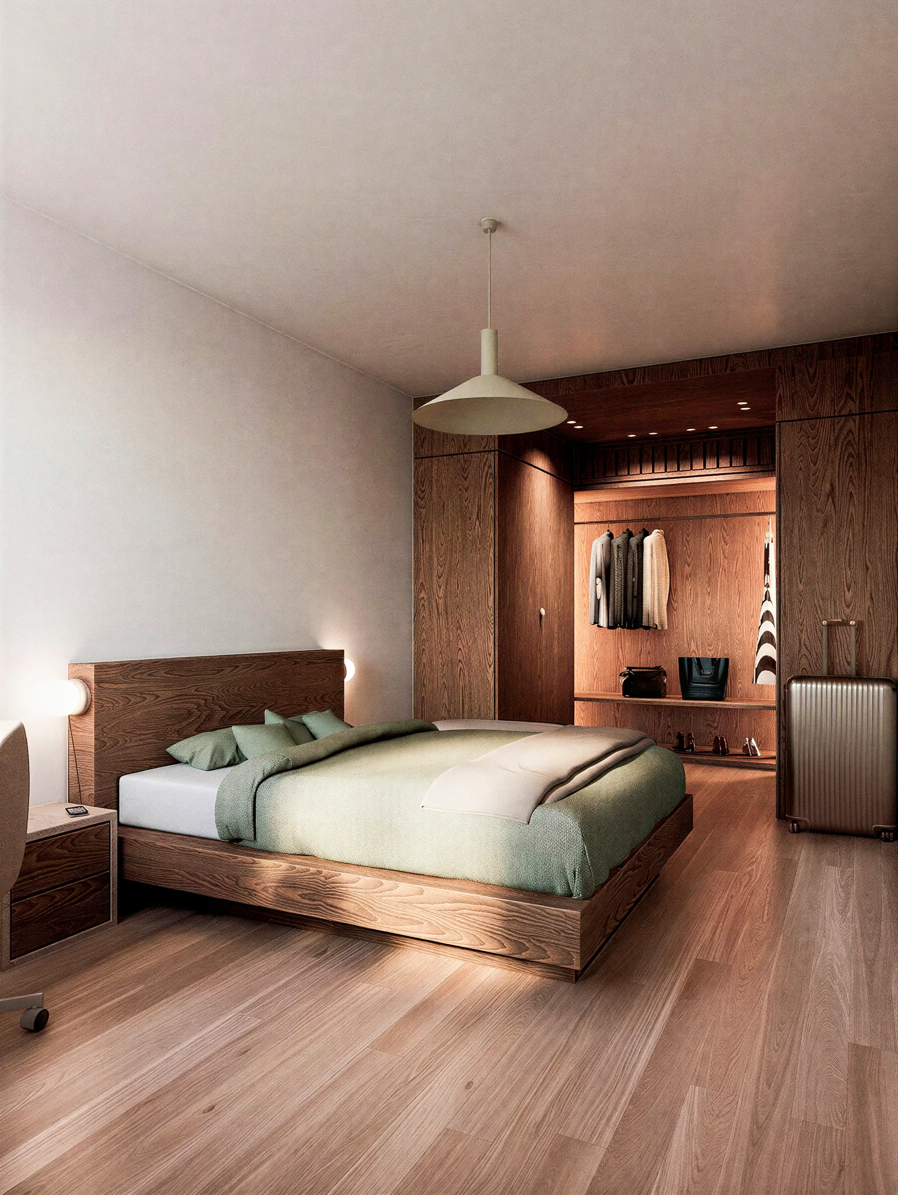 Chambre avec linge vert, mobilier en bois et lumière naturelle — appartement 90 m², Lyon