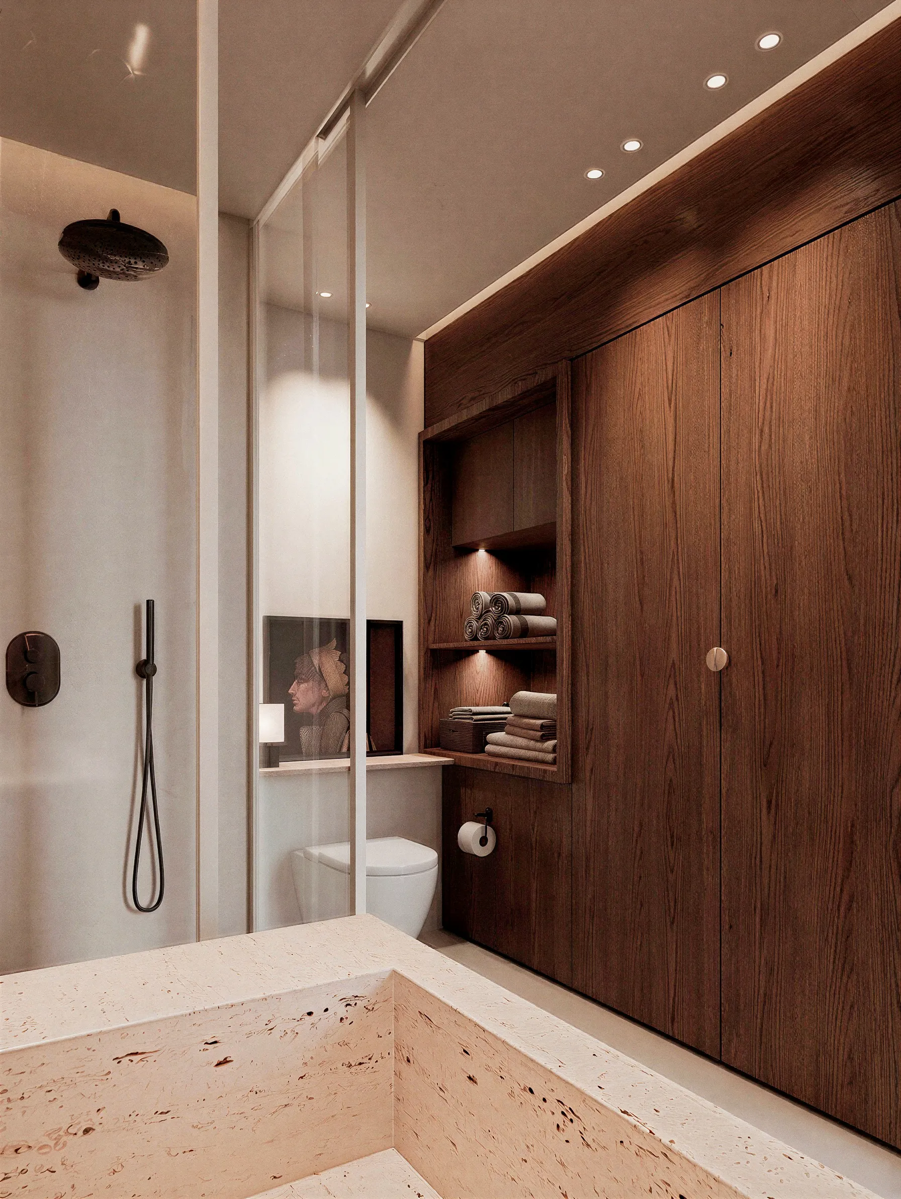 Salle de bains avec vasque claire et placards en bois — appartement 90 m², Lyon