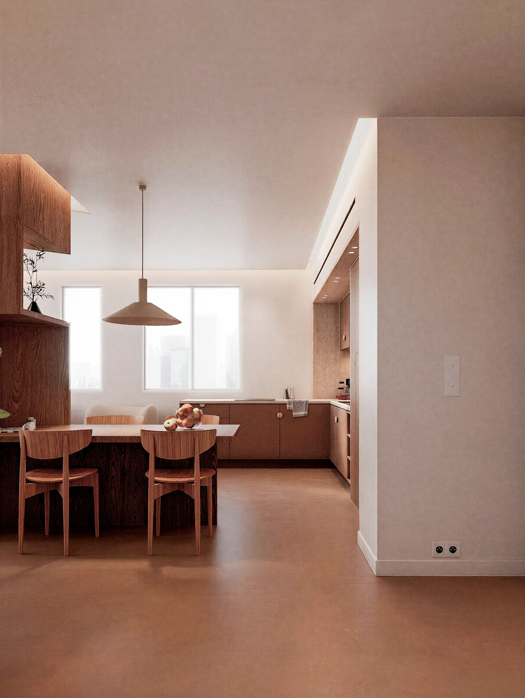 Salle à manger ouverte et meuble intégré près de l’entrée — appartement 90 m², Lyon