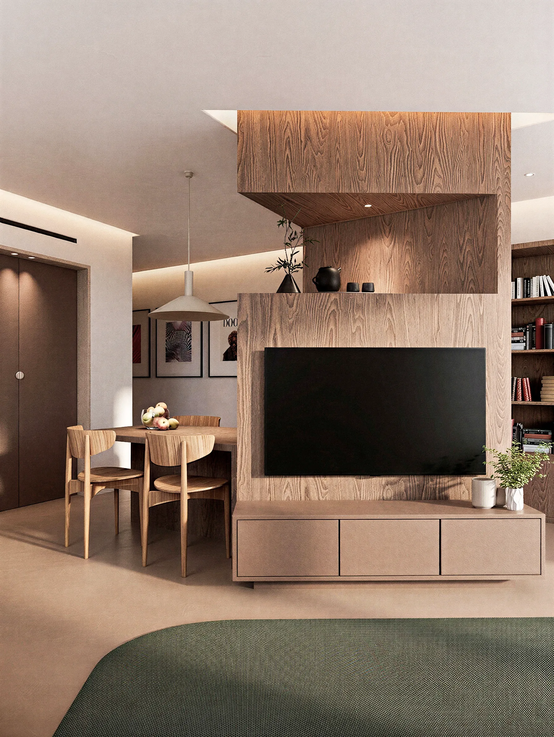 Meuble central intégrant le téléviseur et des rangements — appartement 90 m², Lyon