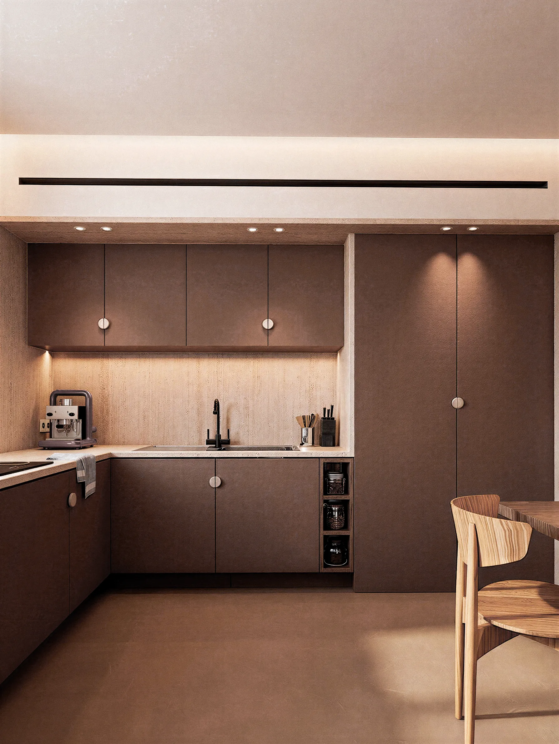 Cuisine en bois avec éclairage sous les meubles hauts — appartement 90 m², Lyon