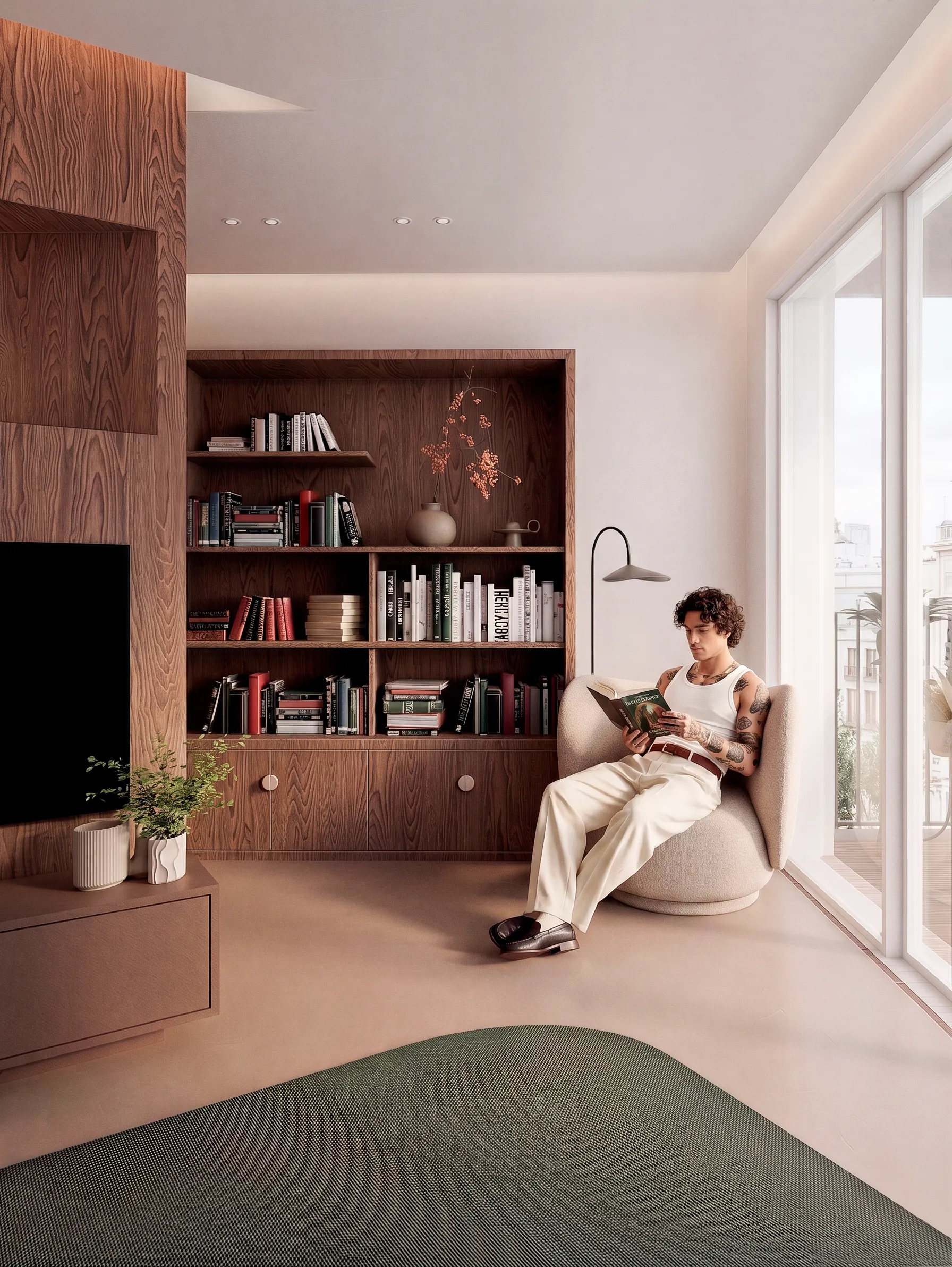 Coin lecture près de la bibliothèque et des baies vitrées — appartement 90 m², Lyon