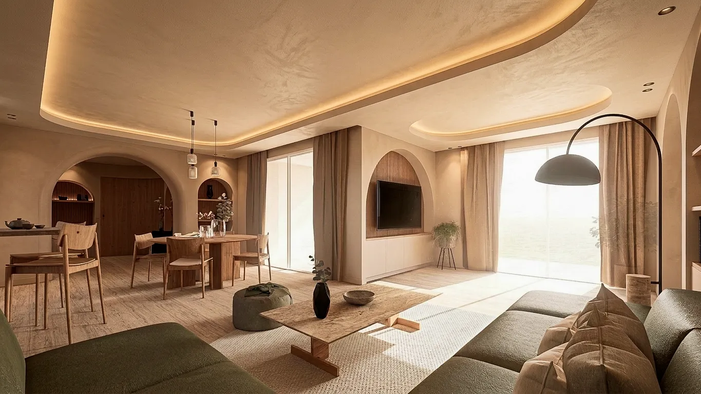 Salon aux tons clairs, plafond courbe et passage voûté vers la salle à manger — Villa Solis, Valbonne
