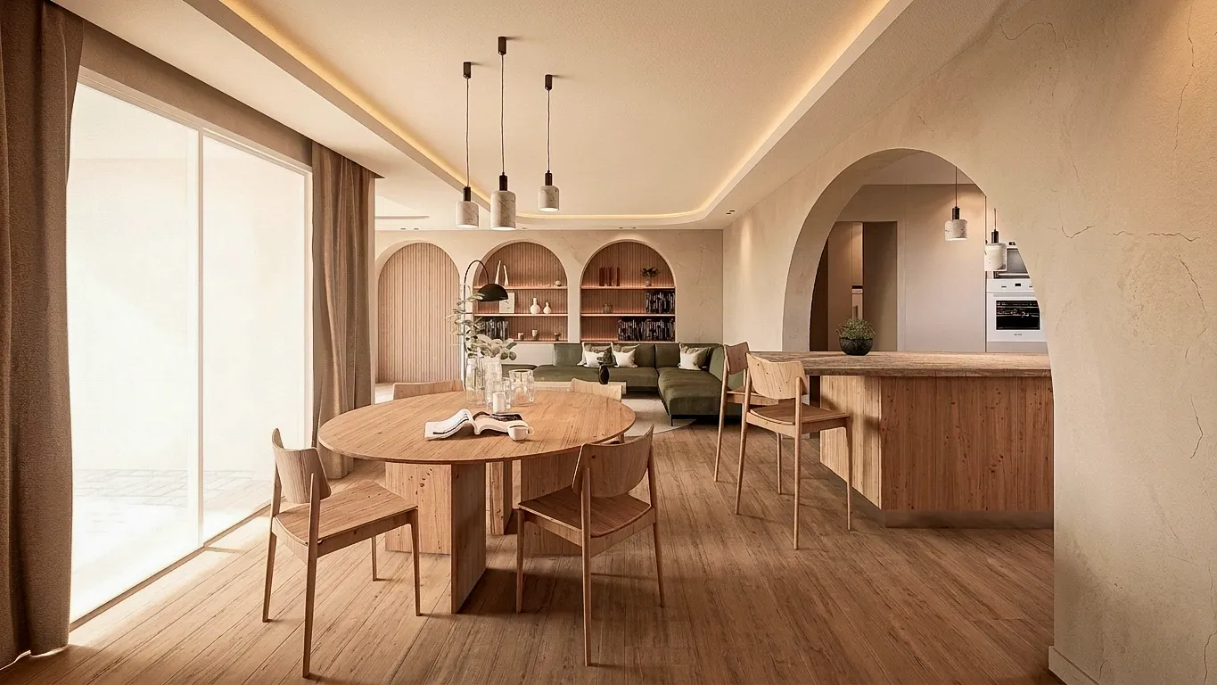 Salle à manger lumineuse, cuisine ouverte et niches voûtées — Villa Solis, Valbonne