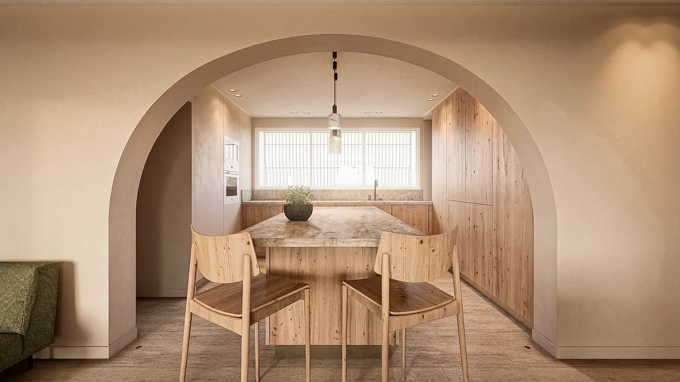 Vue de la salle à manger à travers une ouverture arrondie — Villa Solis, Valbonne