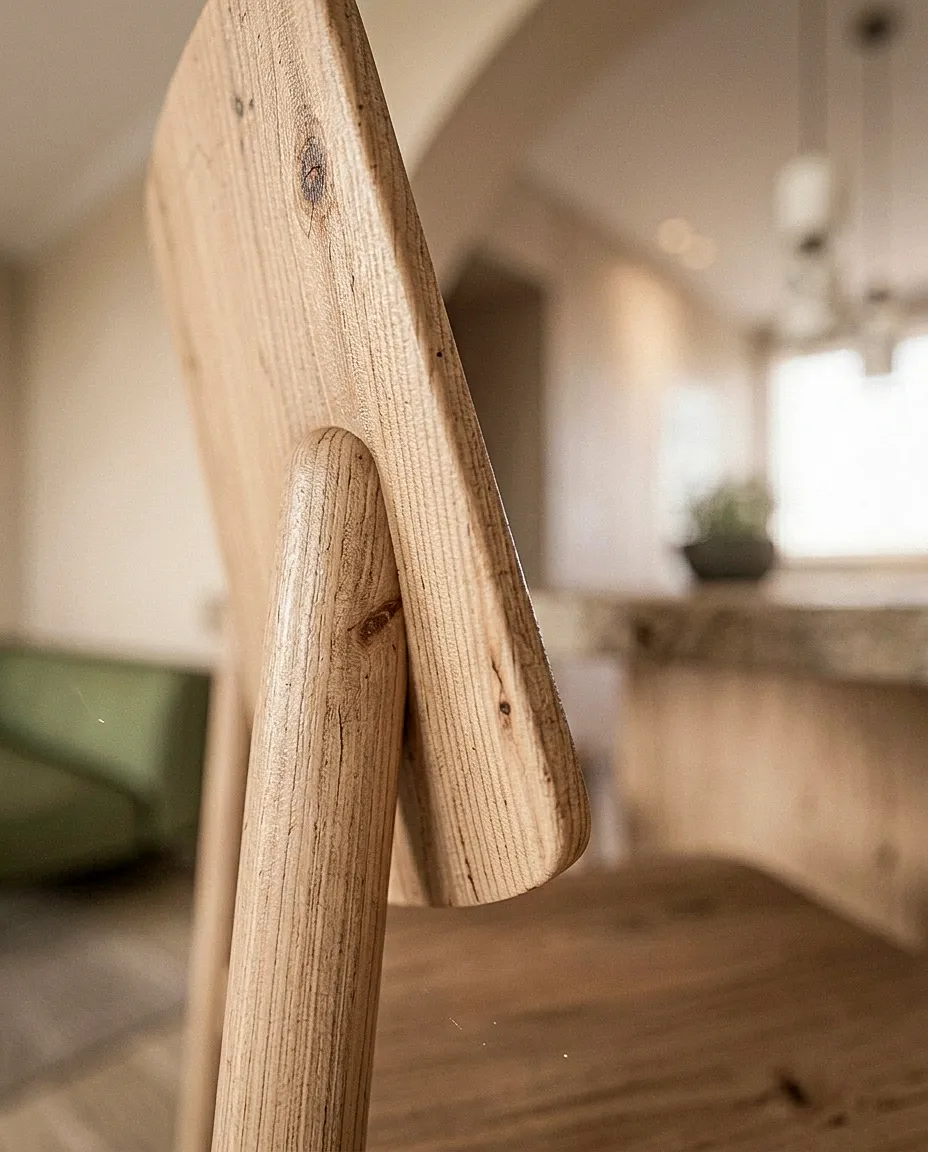 Détail d’une chaise en bois près de la table — Villa Solis, Valbonne
