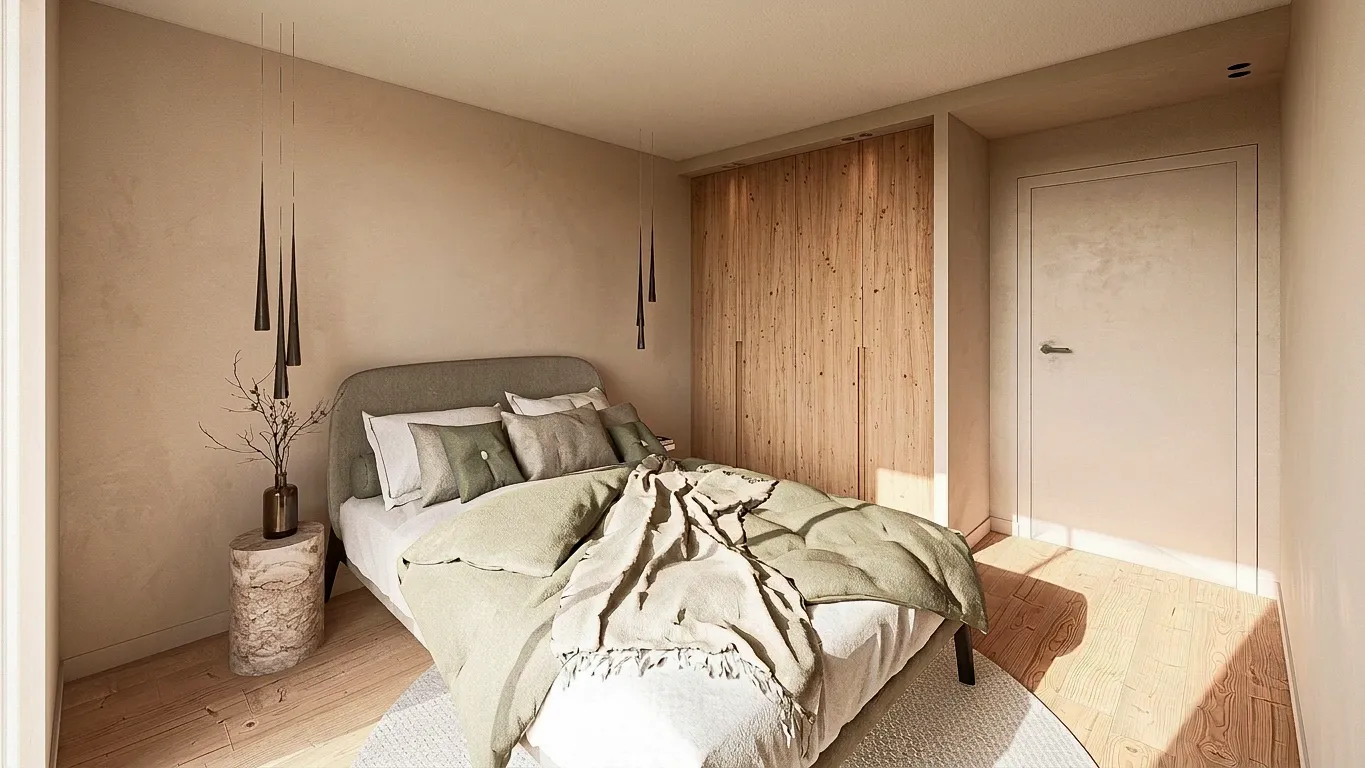 Chambre aux tons clairs avec placards en bois et suspensions — Villa Solis, Valbonne