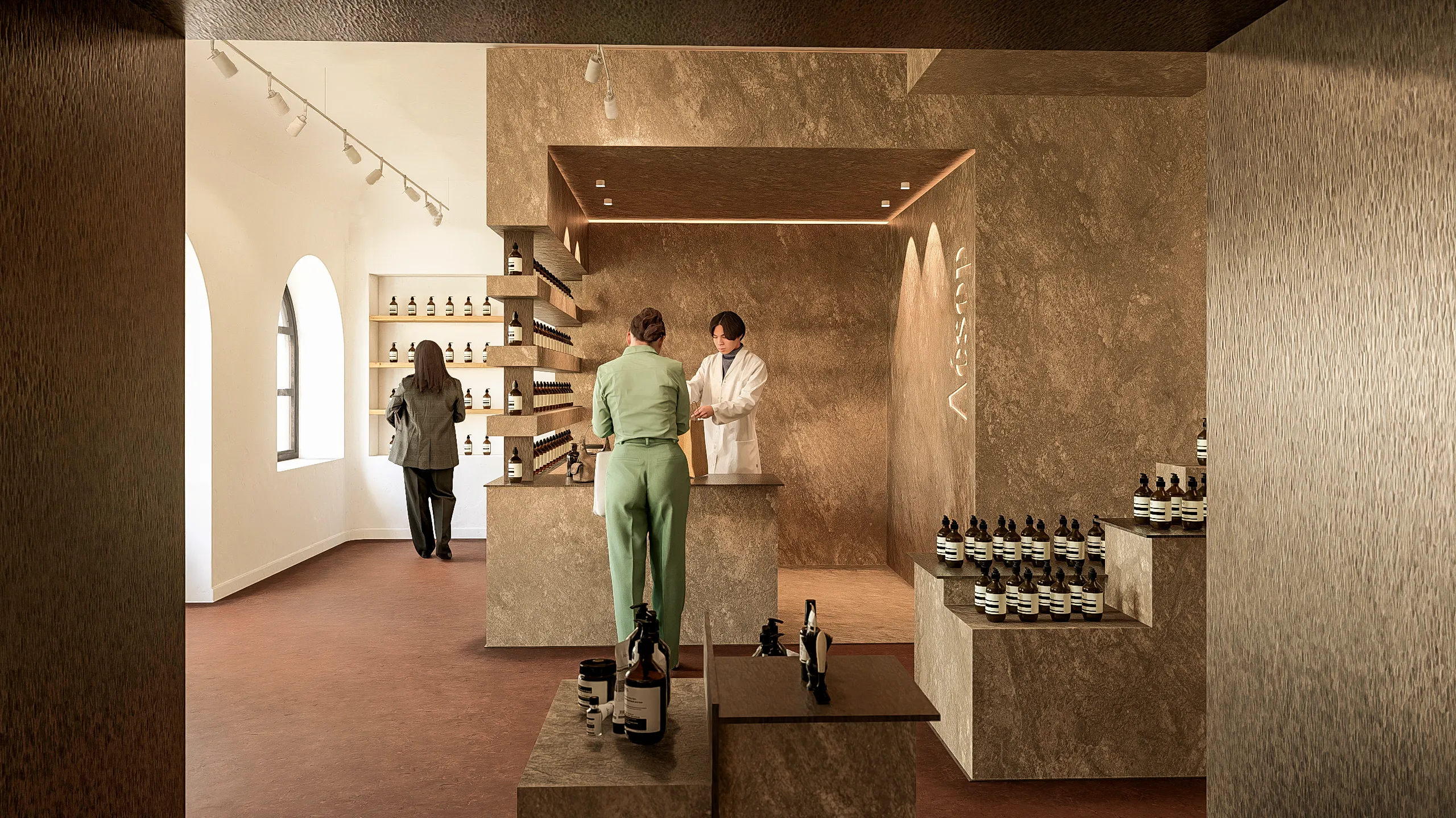 Perspective conceptuelle de l’espace de vente et du comptoir central — étude Aesop non réalisée, Nice