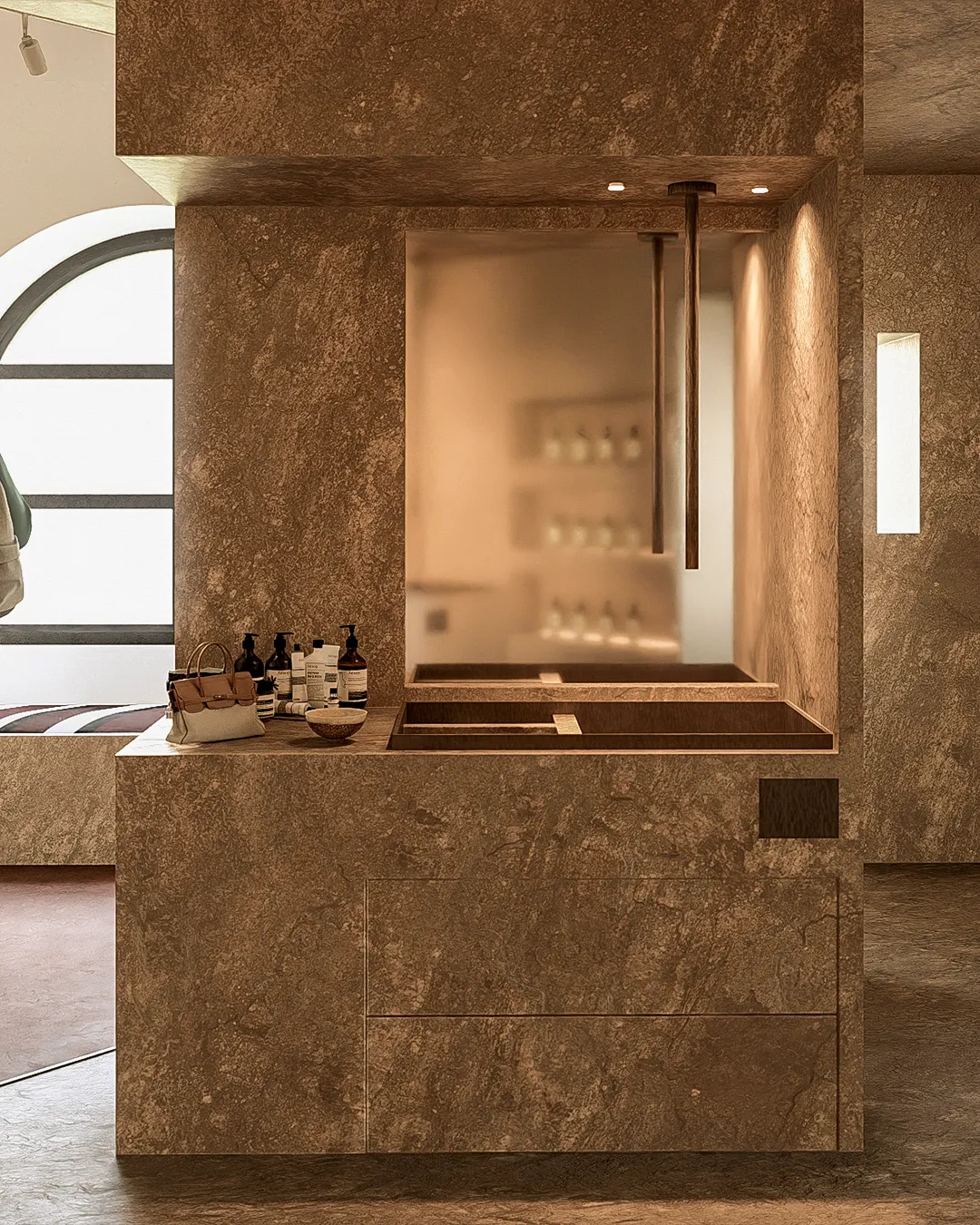 Comptoir et miroir encadrés de surfaces minérales — étude Aesop non réalisée, Nice