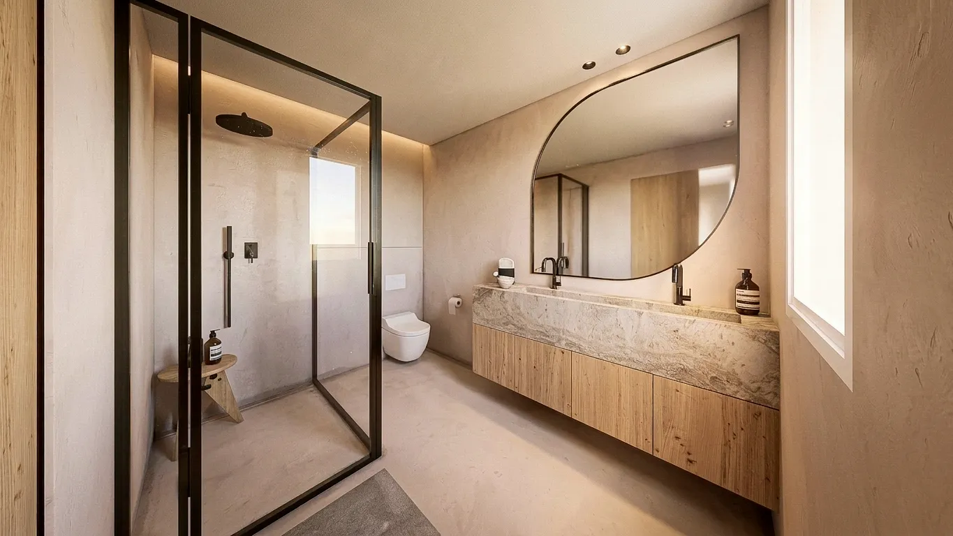 Salle de bains avec meuble en bois et paroi de douche vitrée — Villa Solis, Valbonne
