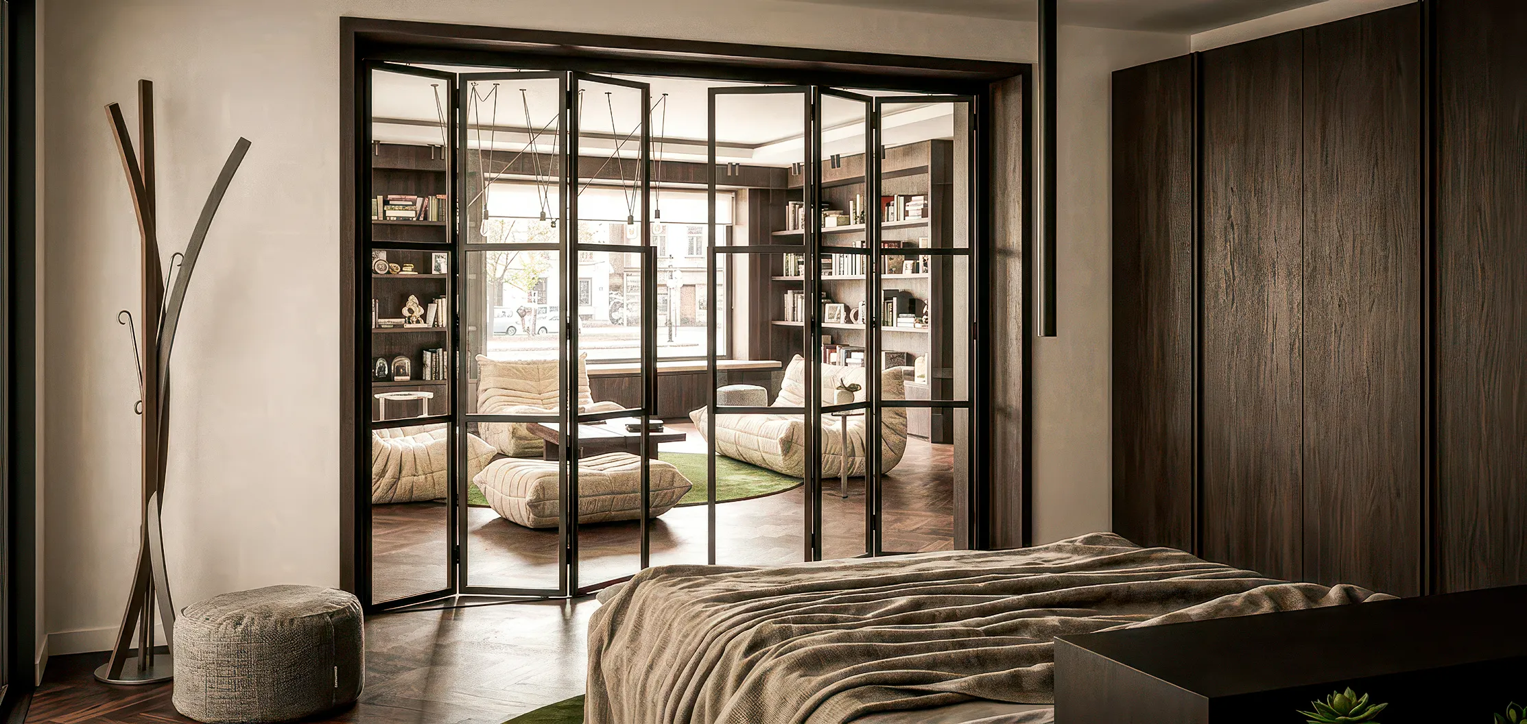 Chambre séparée du salon par une verrière à cadre sombre — appartement 160 m², Paris