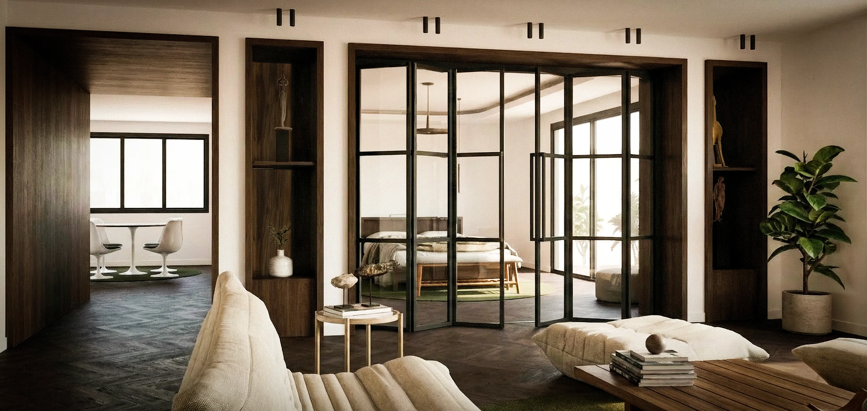 Salon et chambre reliés visuellement par une verrière intérieure — appartement 160 m², Paris