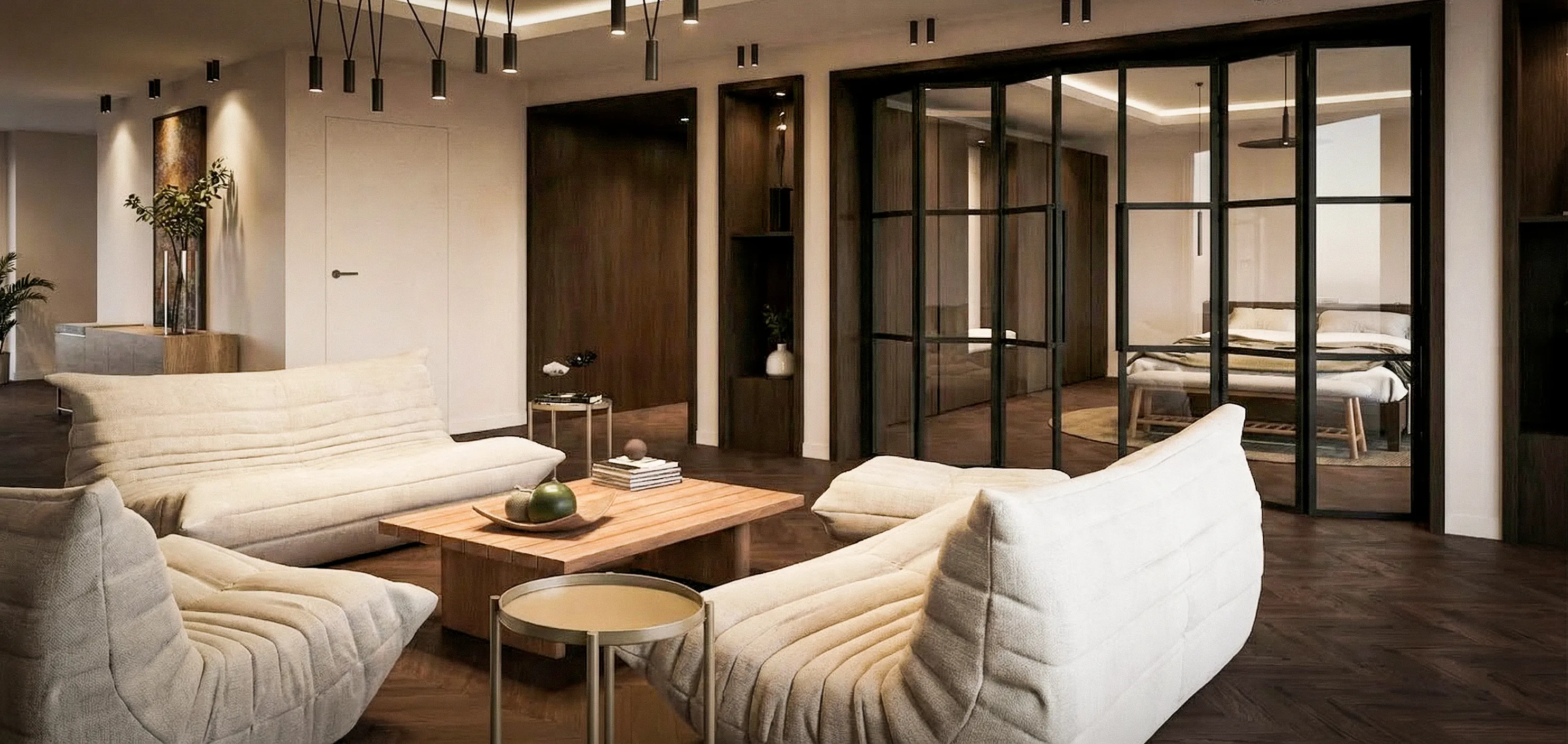 Canapé clair et table basse devant une verrière intérieure — appartement 160 m², Paris
