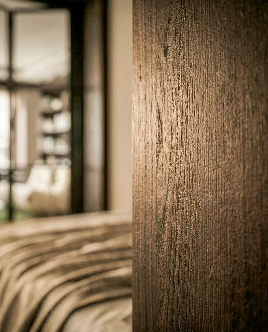 Détail du panneau de bois sombre près de la chambre — appartement 160 m², Paris