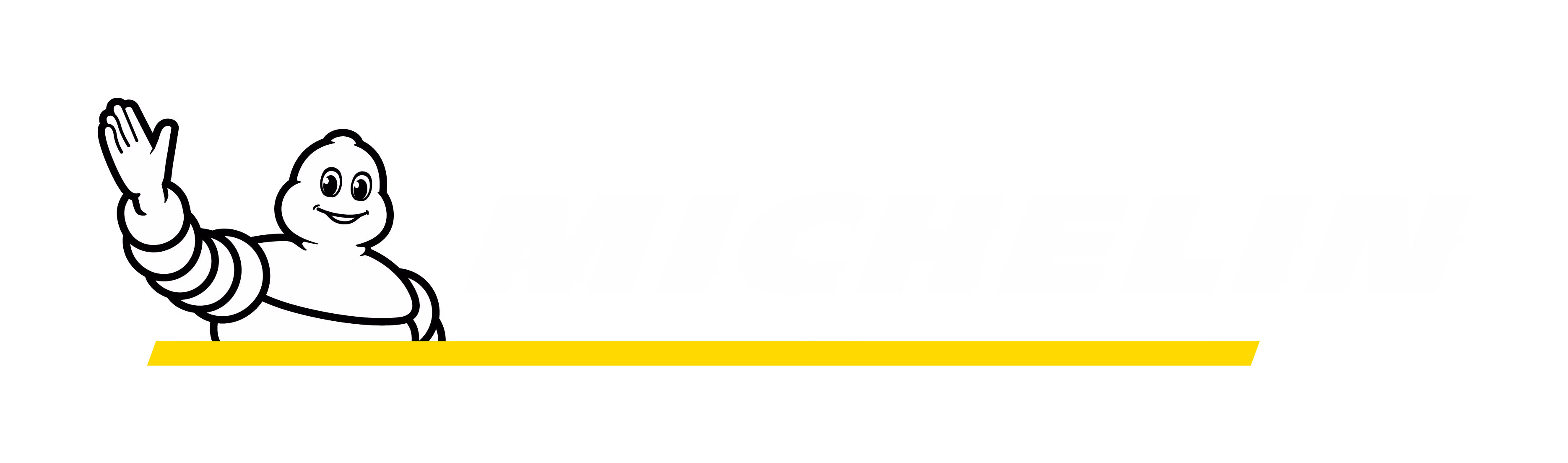 Michelin Man logo waving with a yellow horizontal stripe beneath on a white background.
