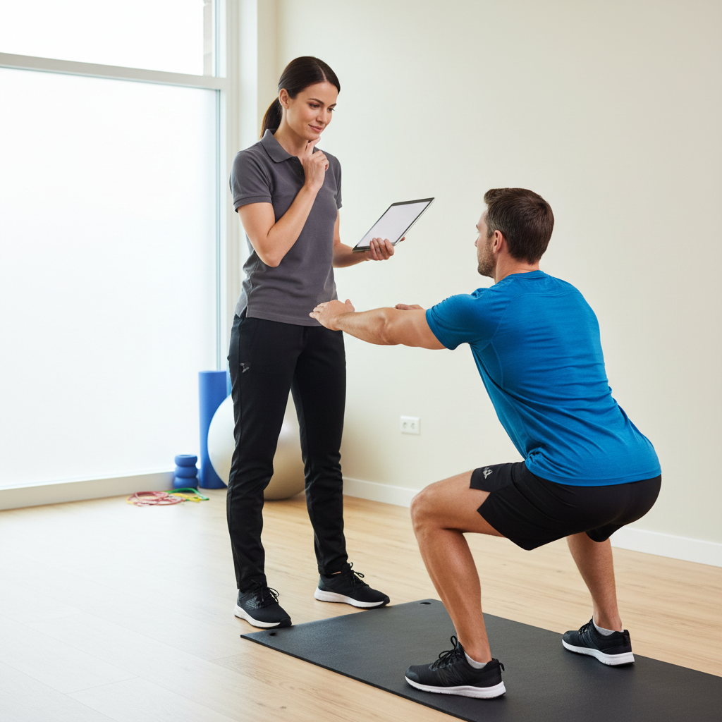 Physical therapist in Boston performing comprehensive movement assessment with active patient to identify root causes of pain and dysfunction