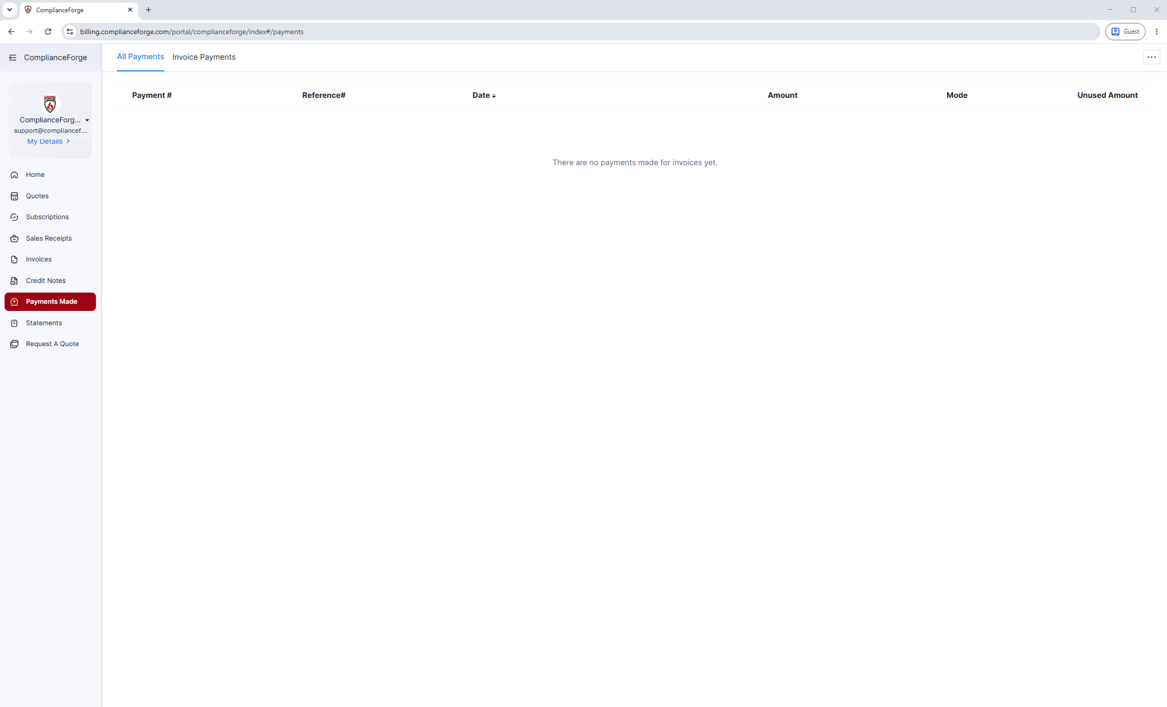 The Statement of Accounts view in the ComplianceForge customer portal, with date filtering and a Download PDF option.