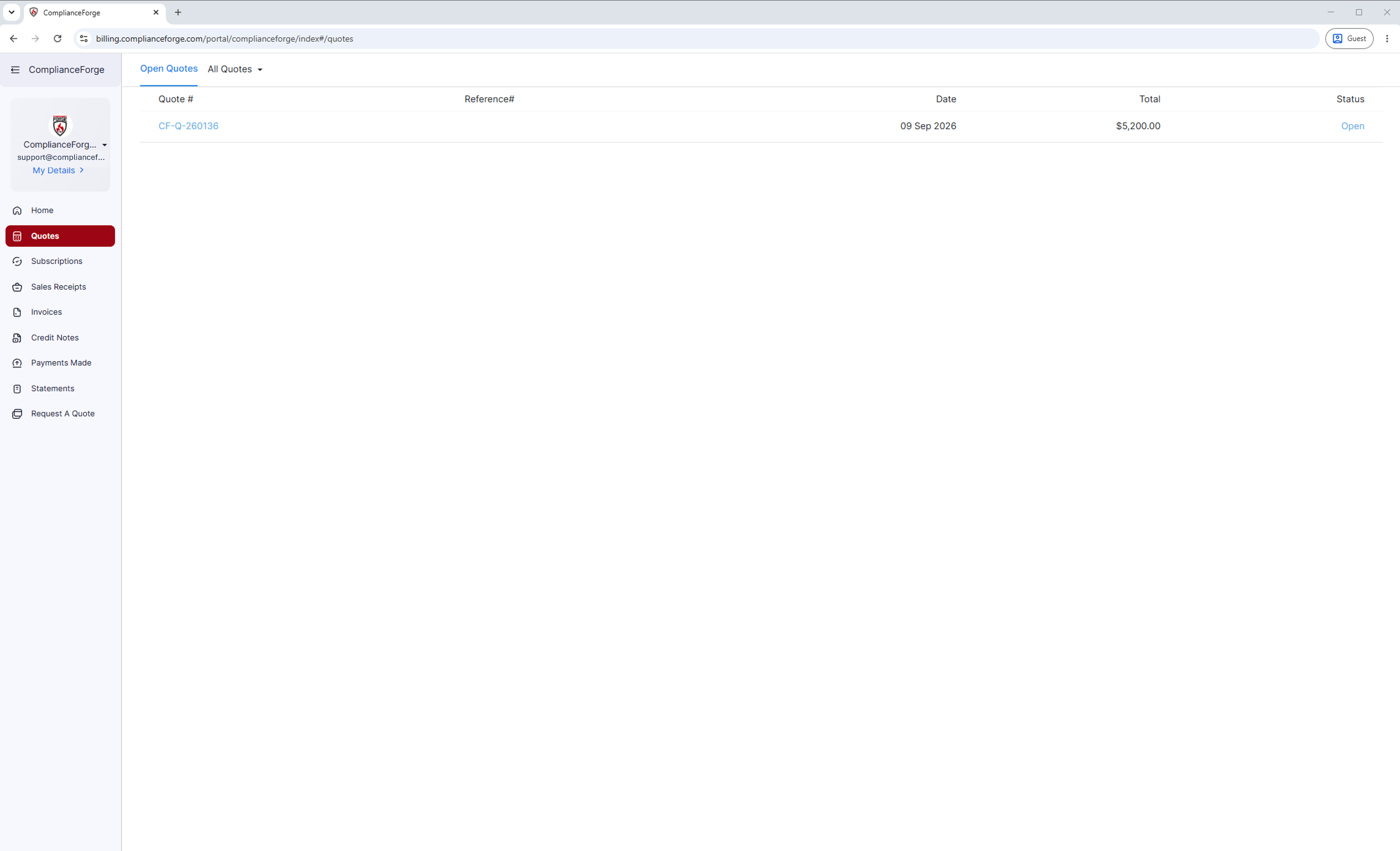 The Quotes list in the ComplianceForge customer portal, showing a quote number, date, total and status.