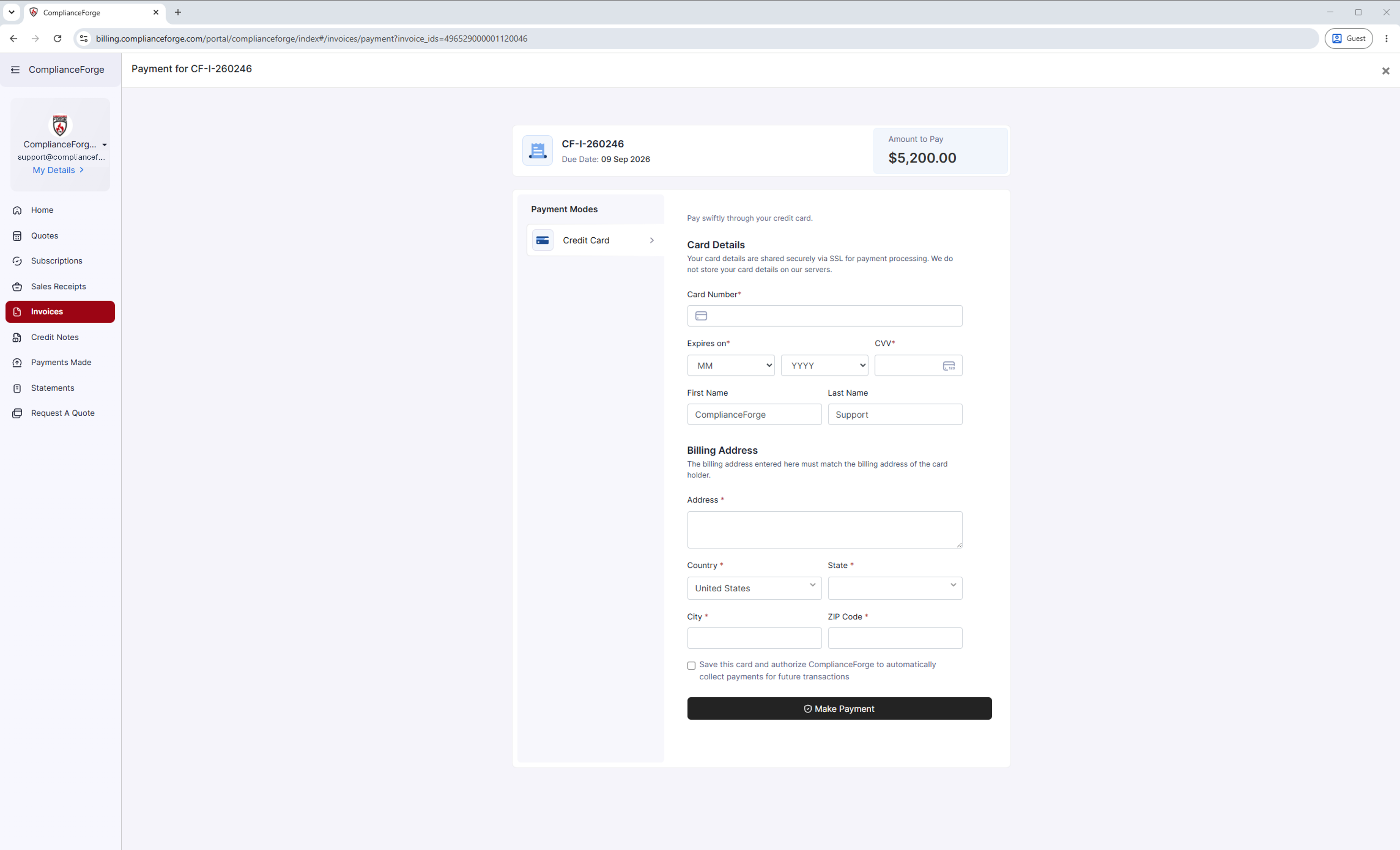 Paying a ComplianceForge invoice by credit card in the customer portal.