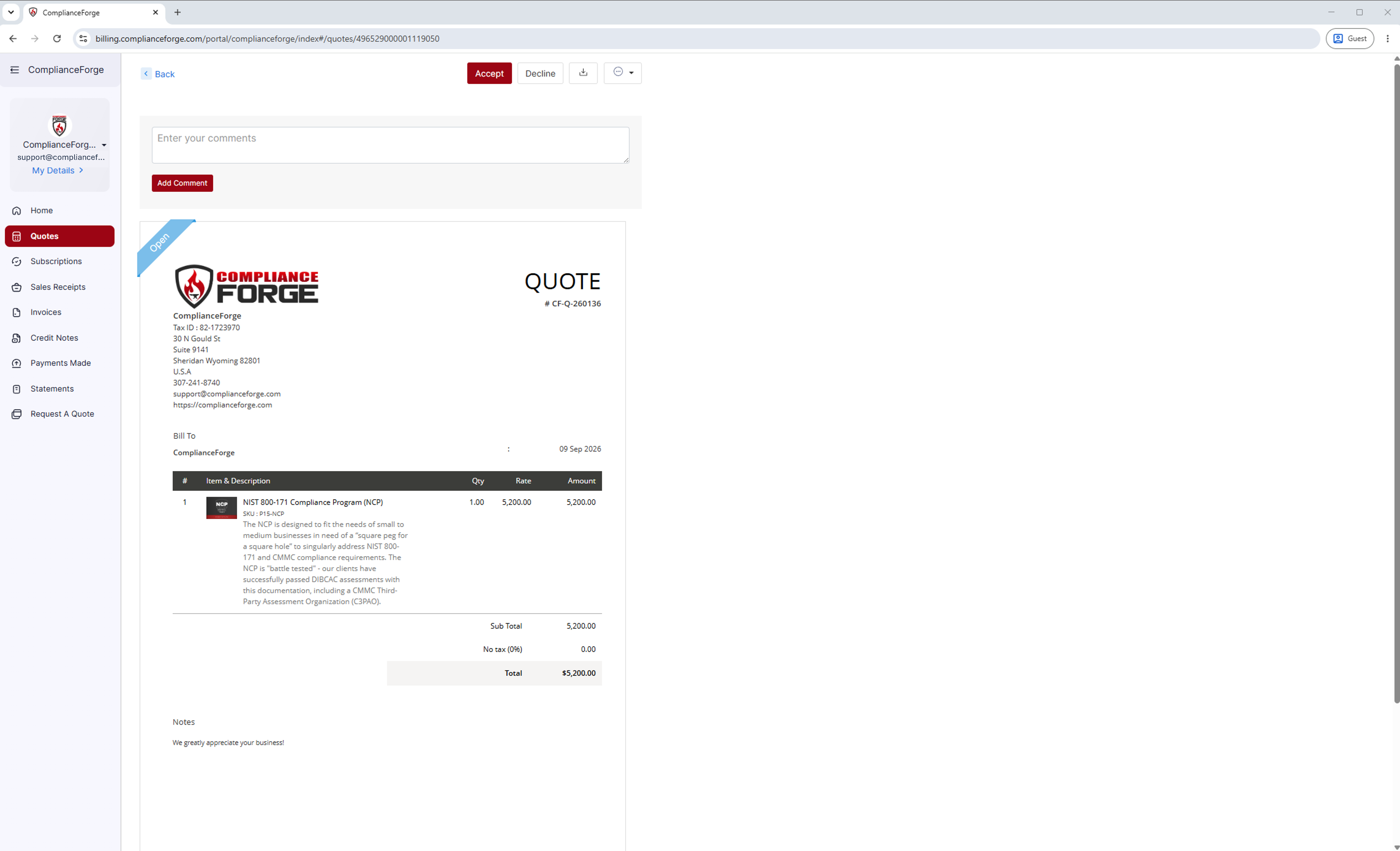 An open quote in the ComplianceForge customer portal, showing the Accept and Decline buttons above the quote document.