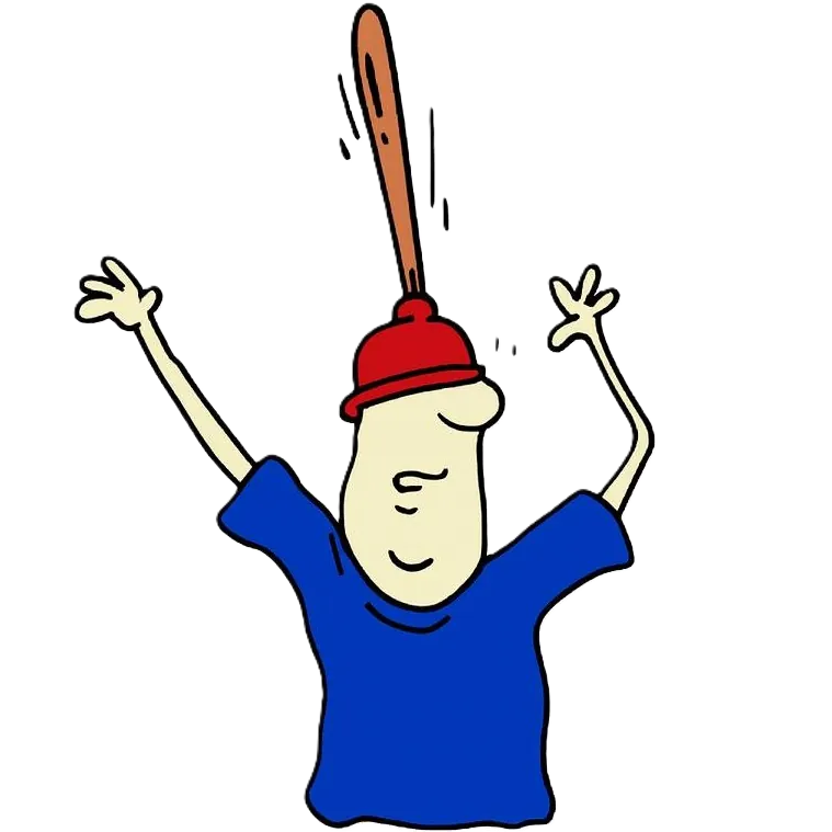 Cartoon person with plunger on head raising arms in blue shirt.