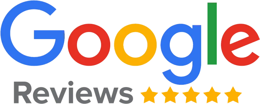 Colorful Google logo above the word Reviews and five gold stars indicating a high rating.