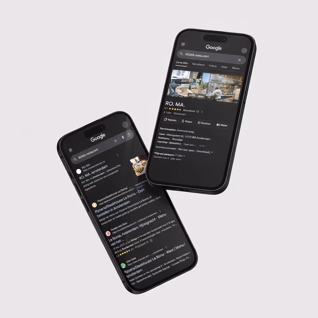 Twee smartphones met daarop zoekresultaten voor een restaurant.